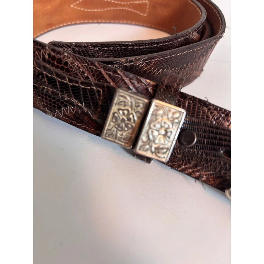 Justin Belt Women 34 Brown Good Genuine Lizard Western Floral‎ Engraved Buckle
